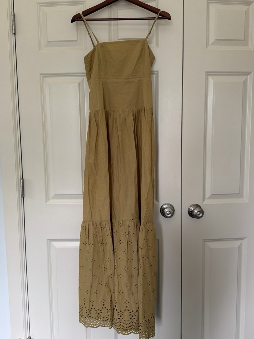NWT Playa Lucila Spaghetti Strap Maxi Dress in Khaki with Eyelet Hem